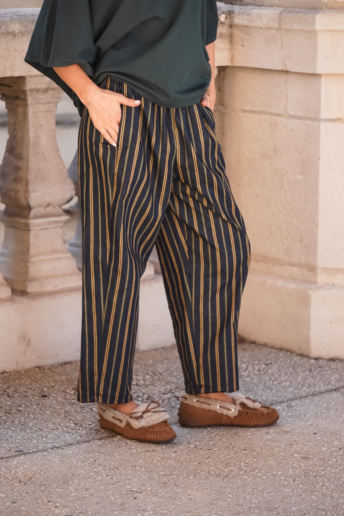 Pantalon PIERROT RAYURES jeans rayures kaki et camel — photo 4